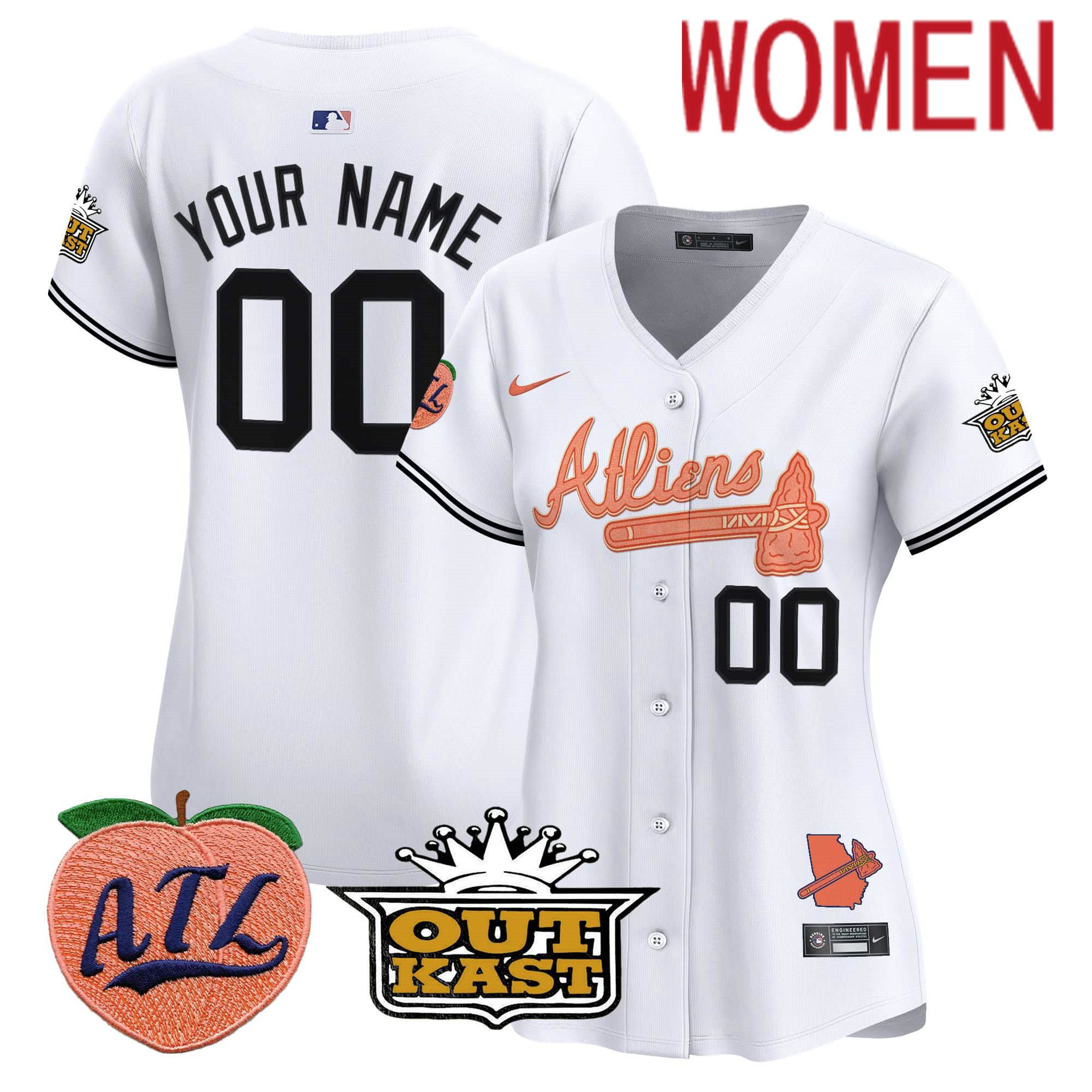 Women Atlanta Braves White Nike 2024 Atliens & Peach Vapor Premier Limited Custom MLB Jersey